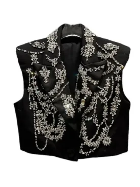 Black Cropped Crystal Stitched Corset Blazer Vest New With Tags