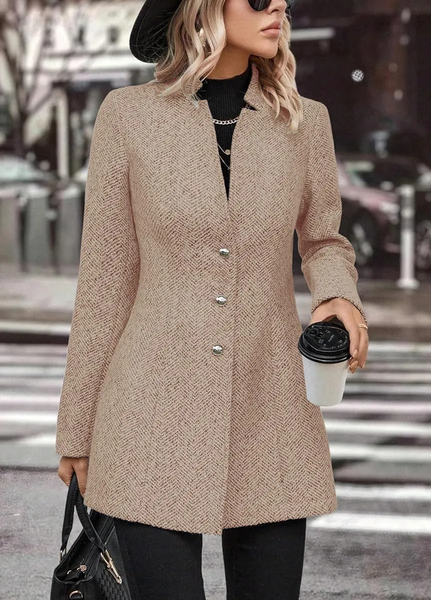 chouyatou Women's Business Casual Herringbone Wool Coat Button Up Notch Collar Dressy Blazer Jacket