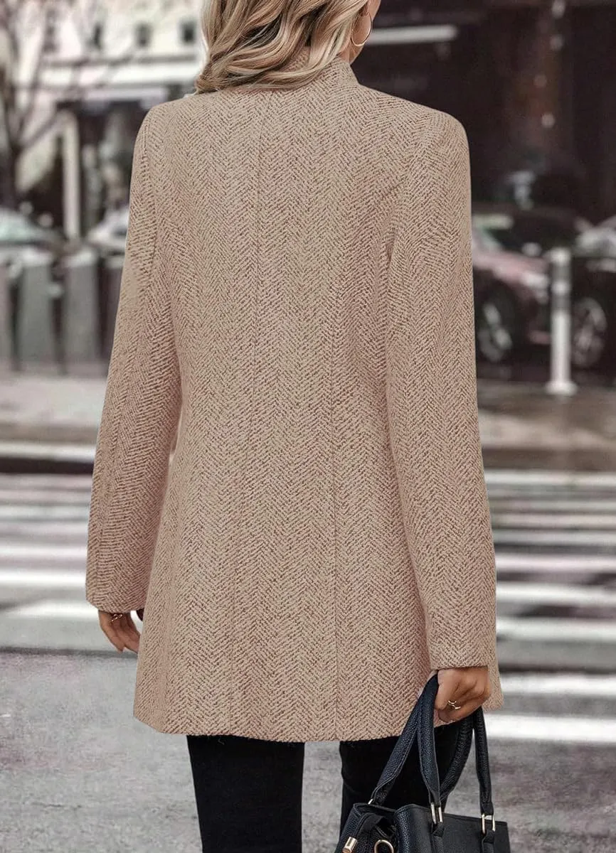 chouyatou Women's Business Casual Herringbone Wool Coat Button Up Notch Collar Dressy Blazer Jacket