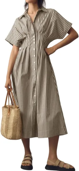 chouyatou Women's Contrast Color Striped Shirt Dress Pleated Button Down Maxi Long Tunic Dress