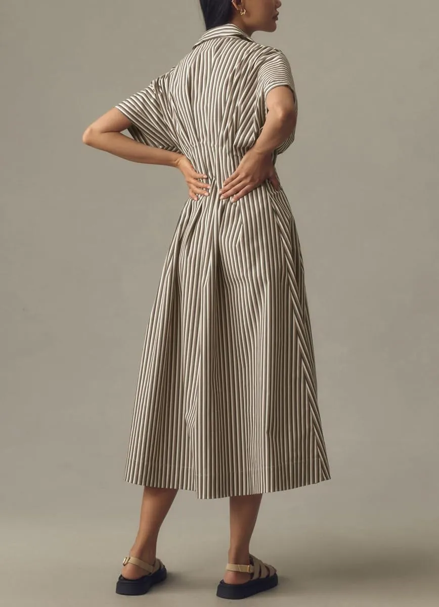 chouyatou Women's Contrast Color Striped Shirt Dress Pleated Button Down Maxi Long Tunic Dress
