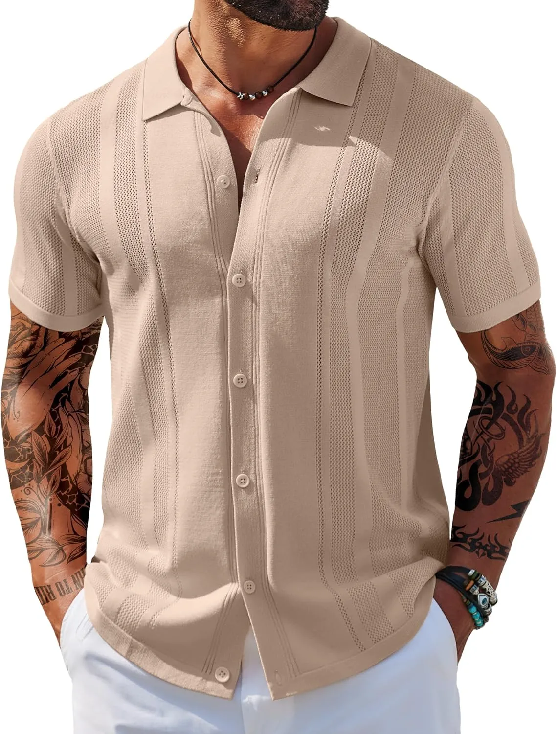 COOFANDY Men's Knit Shirts Short Sleeve Button Down Polo Shirt Vintage Casual Beach Shirt Summer Tops
