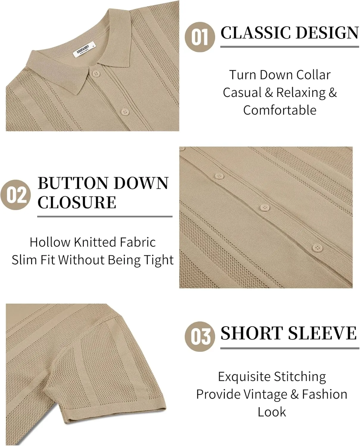 COOFANDY Men's Knit Shirts Short Sleeve Button Down Polo Shirt Vintage Casual Beach Shirt Summer Tops