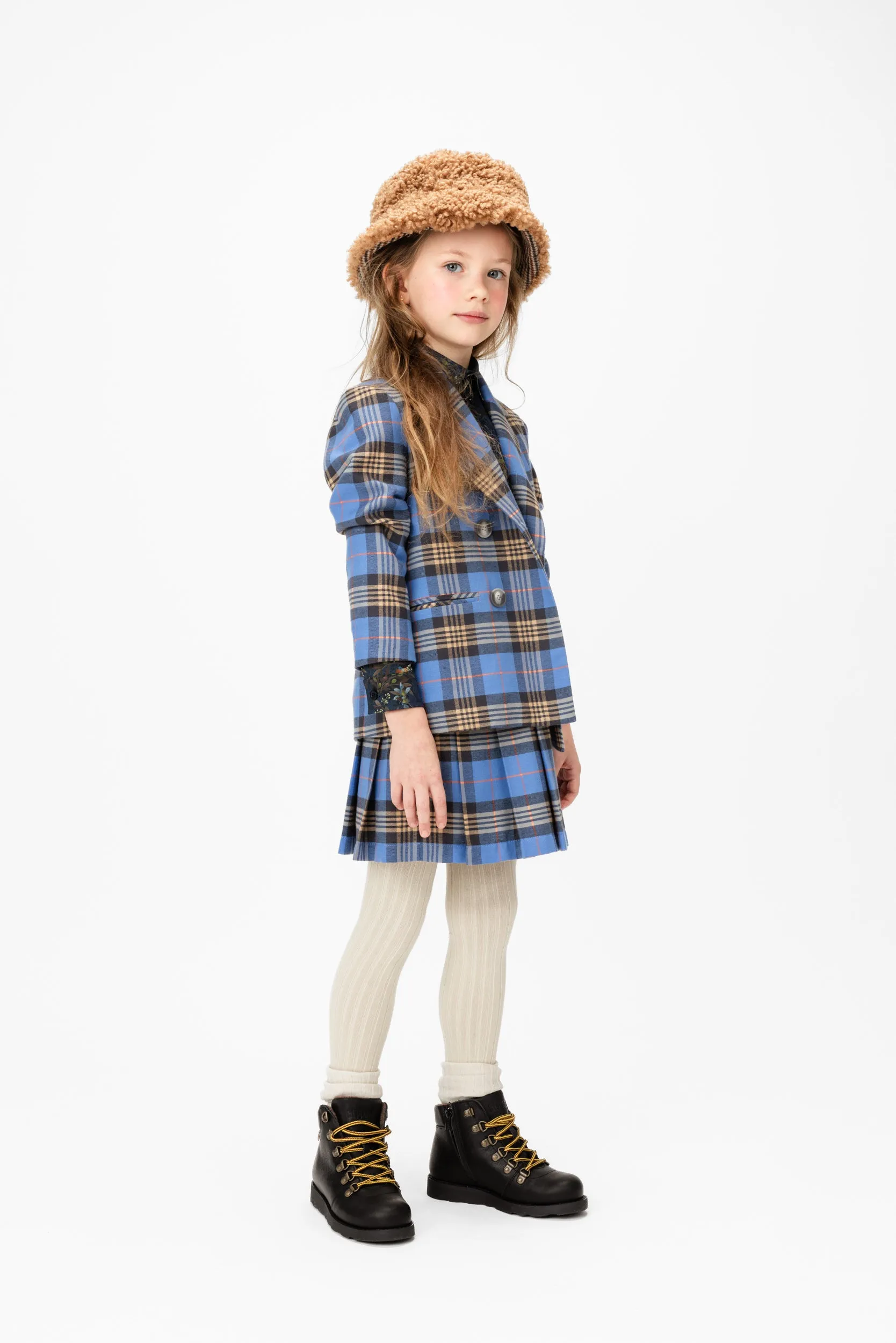 Cotton Double Breasted Blazer Tartan Plaid, Blue