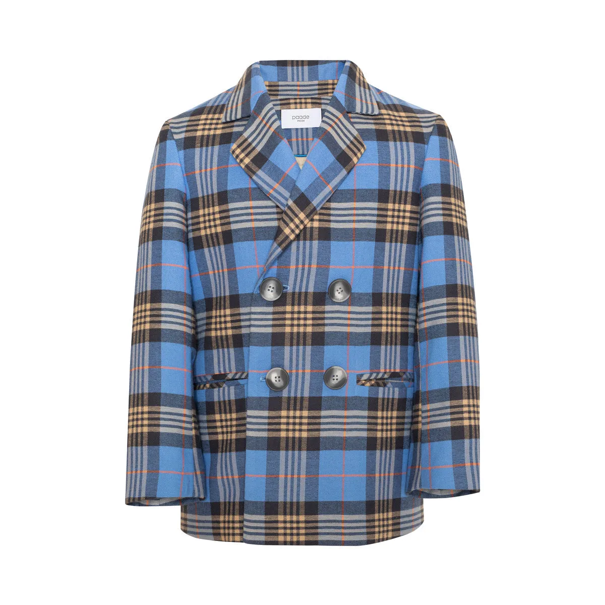 Cotton Double Breasted Blazer Tartan Plaid, Blue