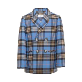 Cotton Double Breasted Blazer Tartan Plaid, Blue