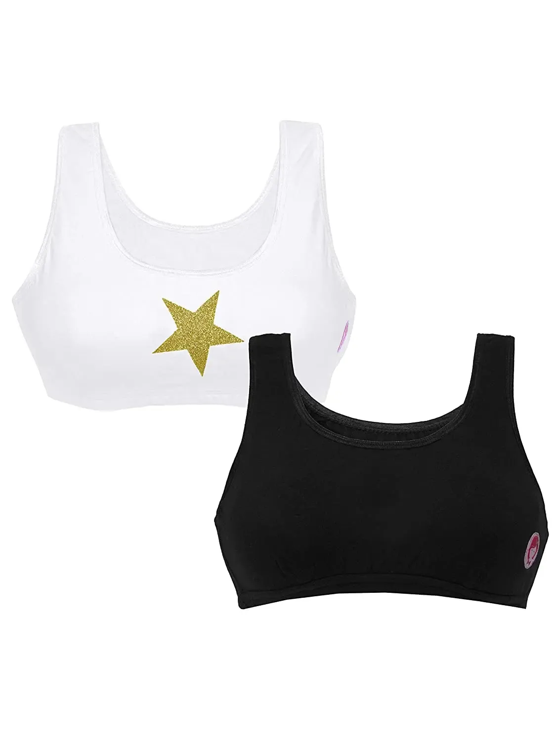 Double-layer Broad Strap Cotton Sports Bra | Everyday Bra For Young Women | Printed White & Solid Black Bra Pack of 2