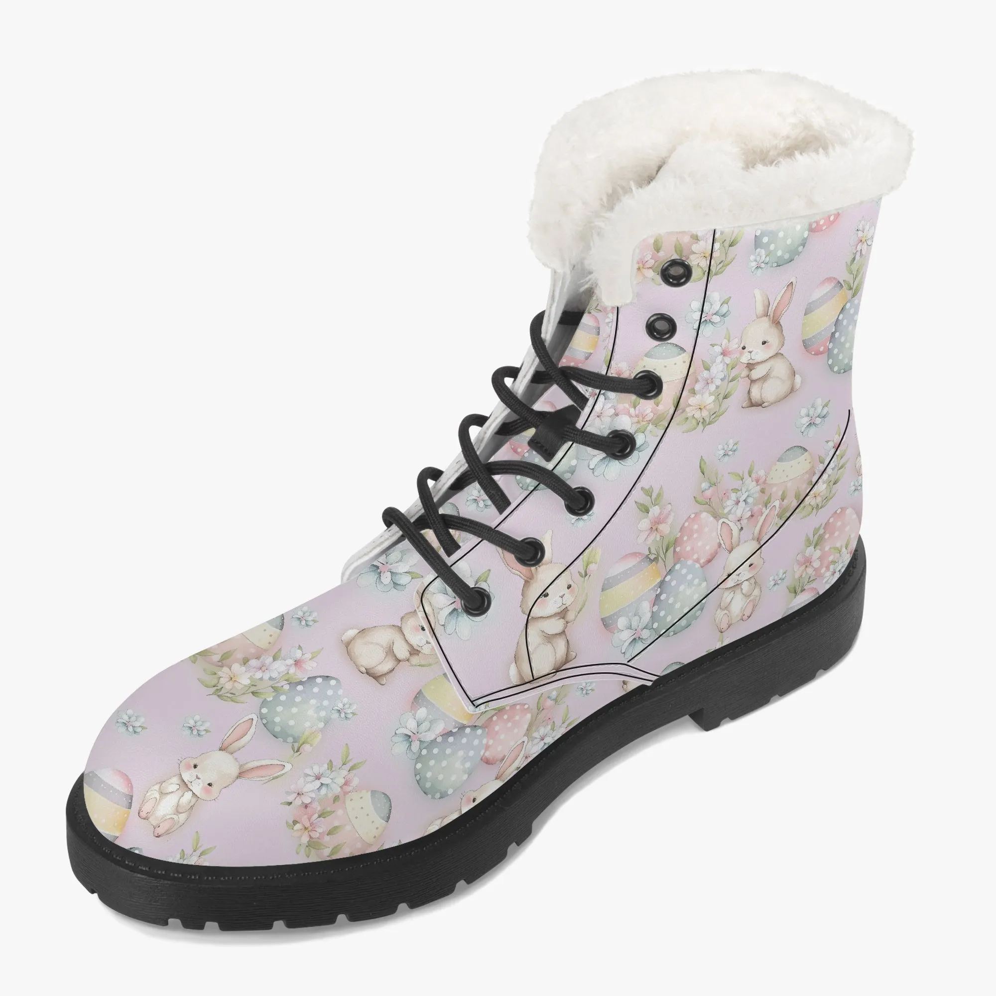 Faux Fur Leather Boots Cute Easter Print Lilac