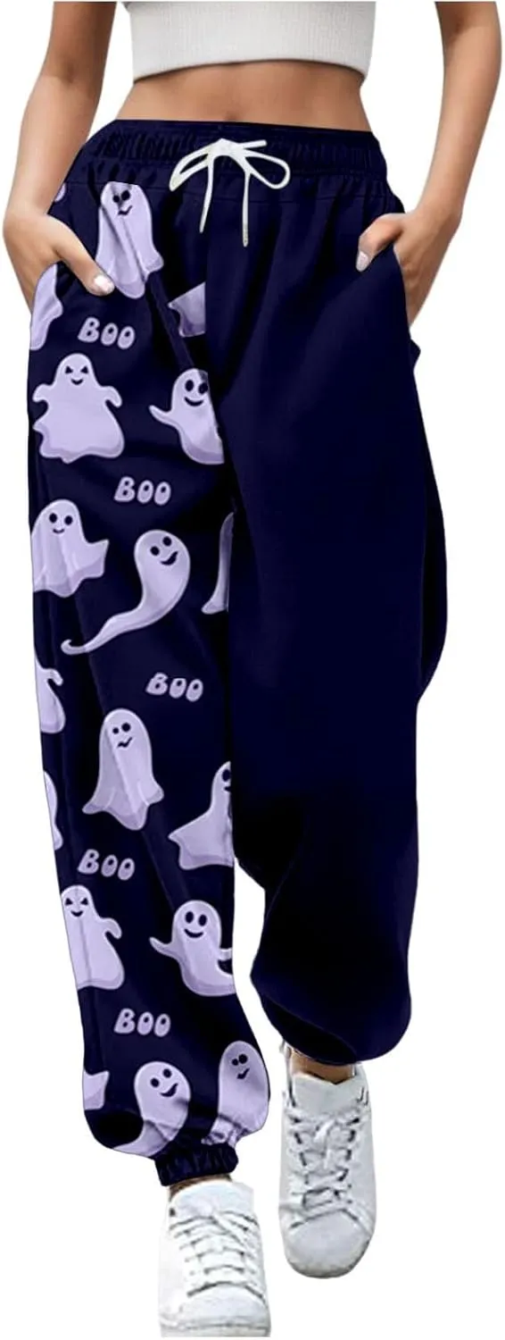 Halloween Sweatpants for Women Trendy Ghost Funny Print Drawstring Waist Wide Leg Pants Loose Pocket Lounge Joggers