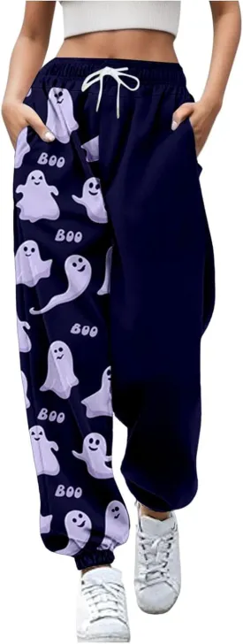 Halloween Sweatpants for Women Trendy Ghost Funny Print Drawstring Waist Wide Leg Pants Loose Pocket Lounge Joggers
