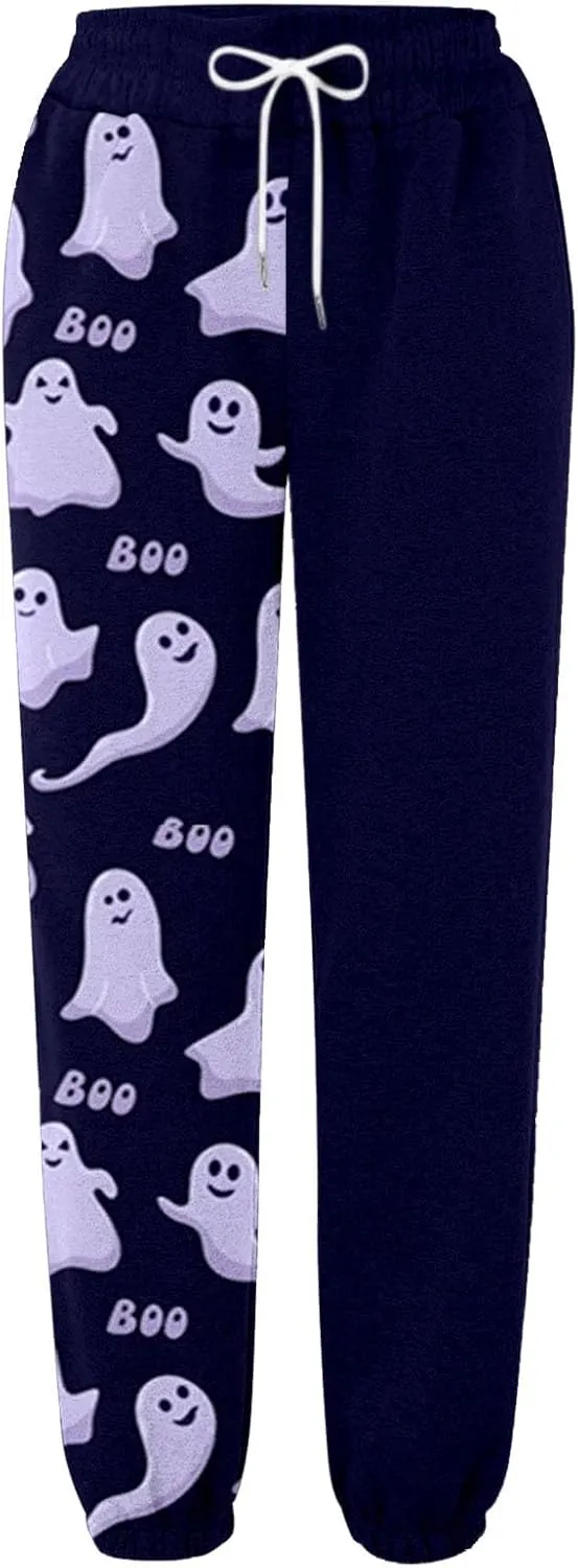Halloween Sweatpants for Women Trendy Ghost Funny Print Drawstring Waist Wide Leg Pants Loose Pocket Lounge Joggers