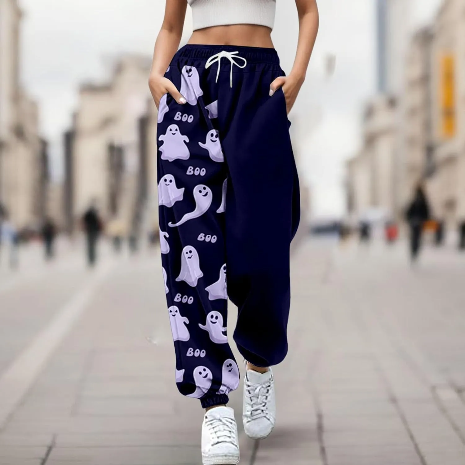 Halloween Sweatpants for Women Trendy Ghost Funny Print Drawstring Waist Wide Leg Pants Loose Pocket Lounge Joggers