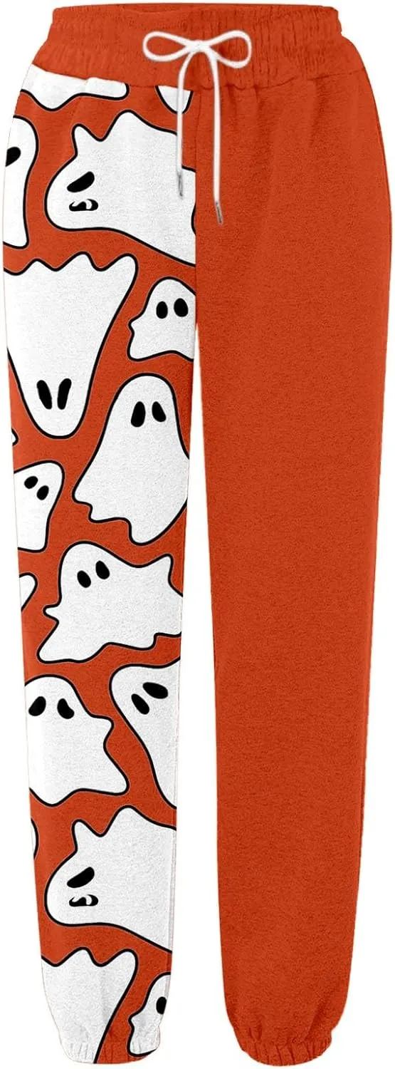 Halloween Sweatpants for Women Trendy Ghost Funny Print Drawstring Waist Wide Leg Pants Loose Pocket Lounge Joggers