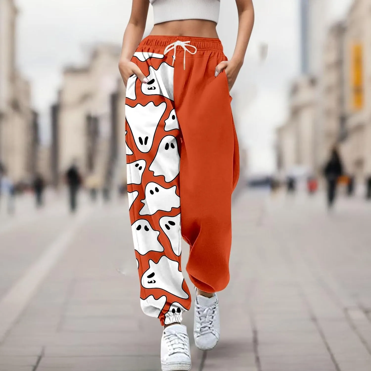 Halloween Sweatpants for Women Trendy Ghost Funny Print Drawstring Waist Wide Leg Pants Loose Pocket Lounge Joggers