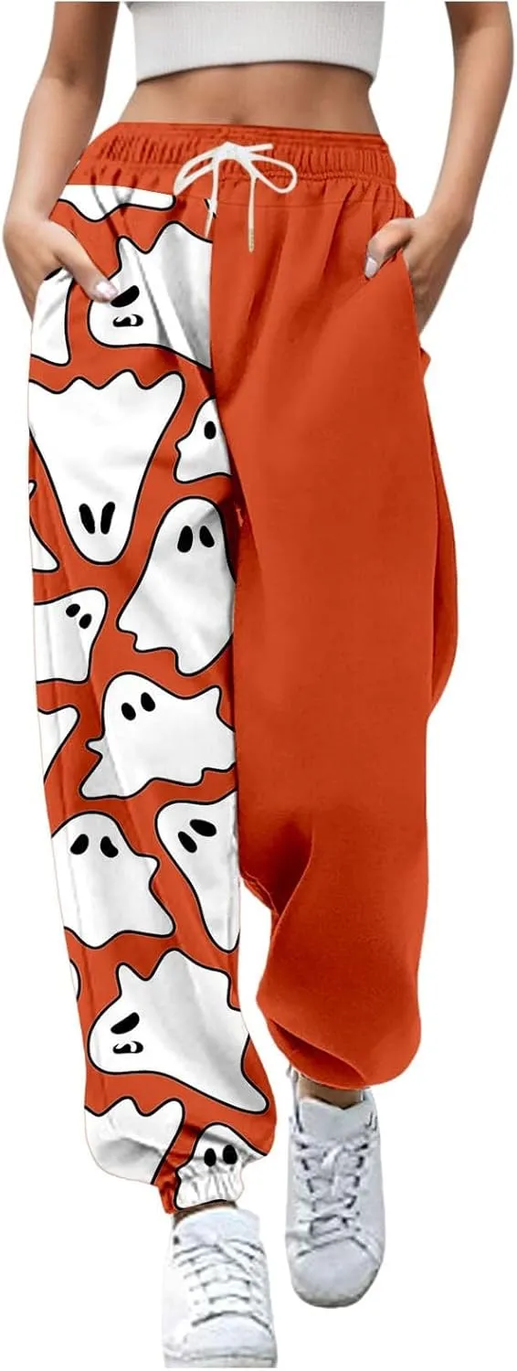 Halloween Sweatpants for Women Trendy Ghost Funny Print Drawstring Waist Wide Leg Pants Loose Pocket Lounge Joggers