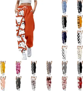 Halloween Sweatpants for Women Trendy Ghost Funny Print Drawstring Waist Wide Leg Pants Loose Pocket Lounge Joggers