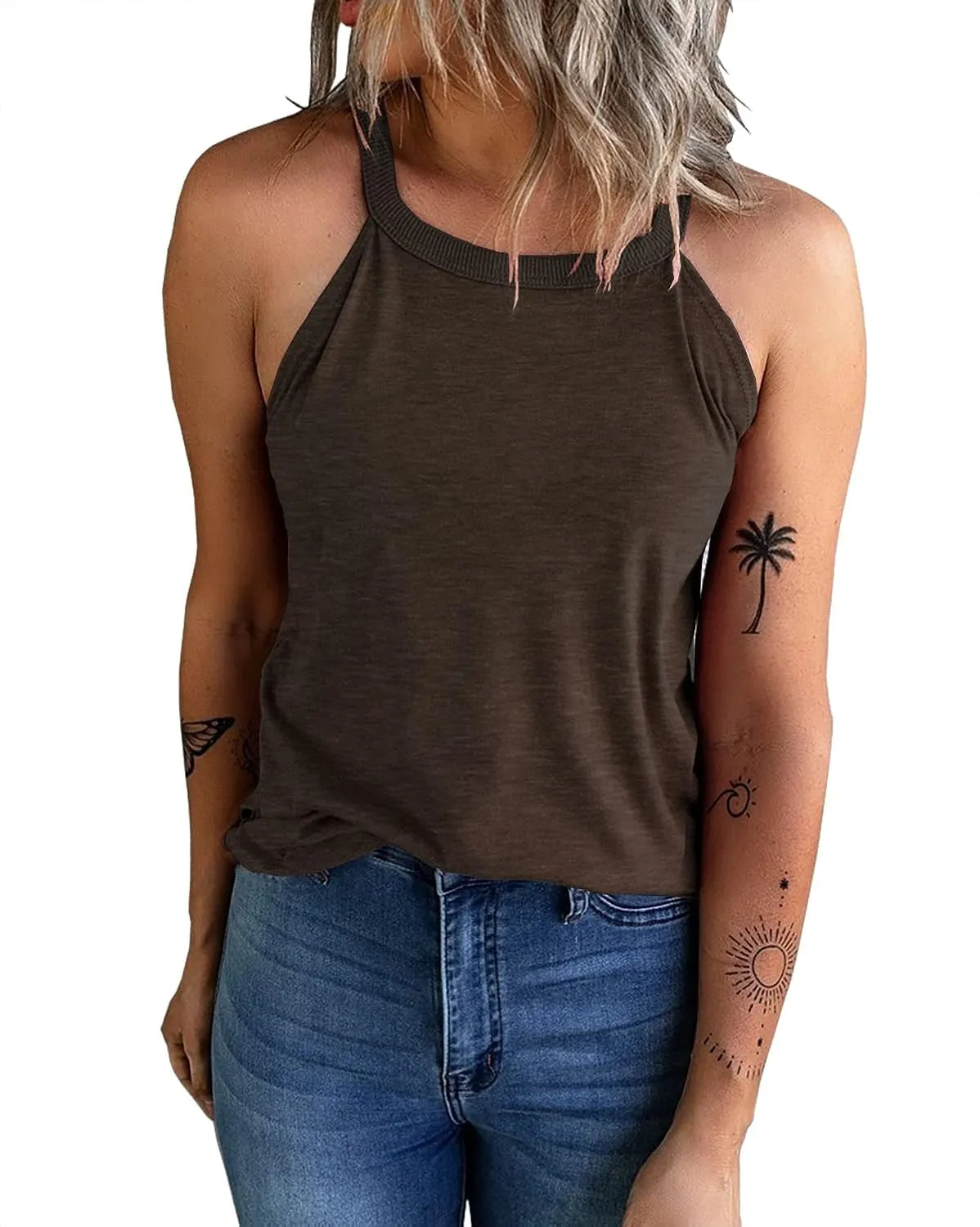 KINLONSAIR Women's Summer Sleeveless Halter Tee Shirts Crew Neck Workout Tank Tops Casual Plain Cami Shirts