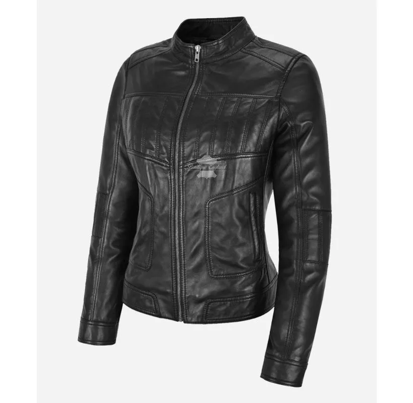 LMVP Black Leather Jacket Ladies Classic Elegant Casual Jacket
