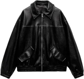 LY VAREY LIN Womens Faux Leather Jacket Long Sleeve Zip Up Casual Bomber Motorcycle Biker Coat
