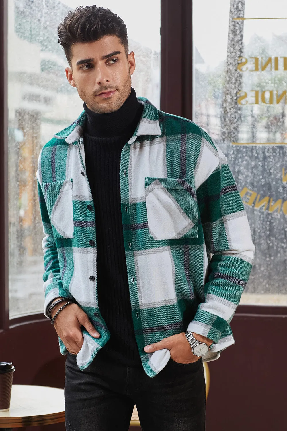 Men's Buffalo Plaid Print Long Sleeve Fleece Shirt