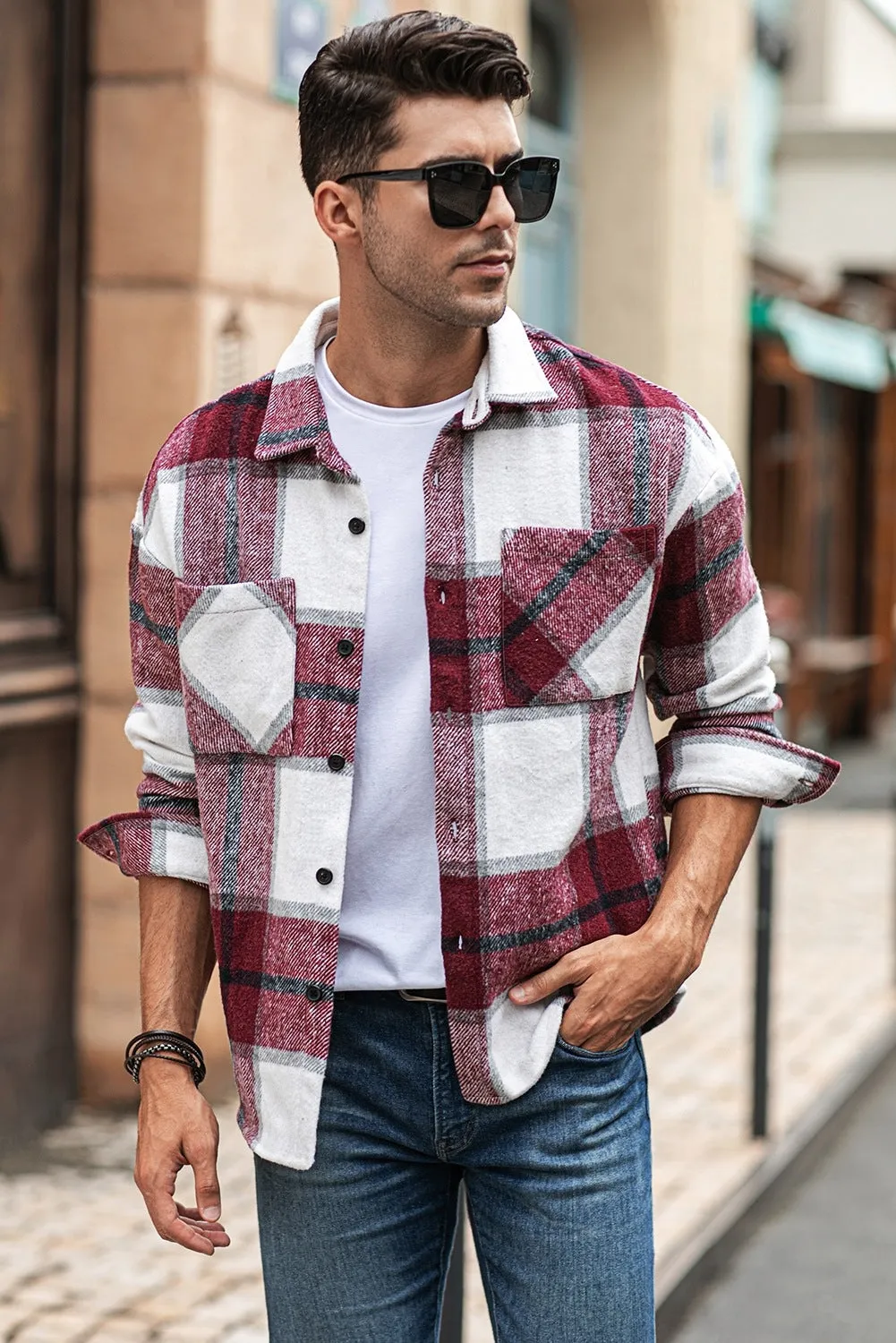 Men's Buffalo Plaid Print Long Sleeve Fleece Shirt