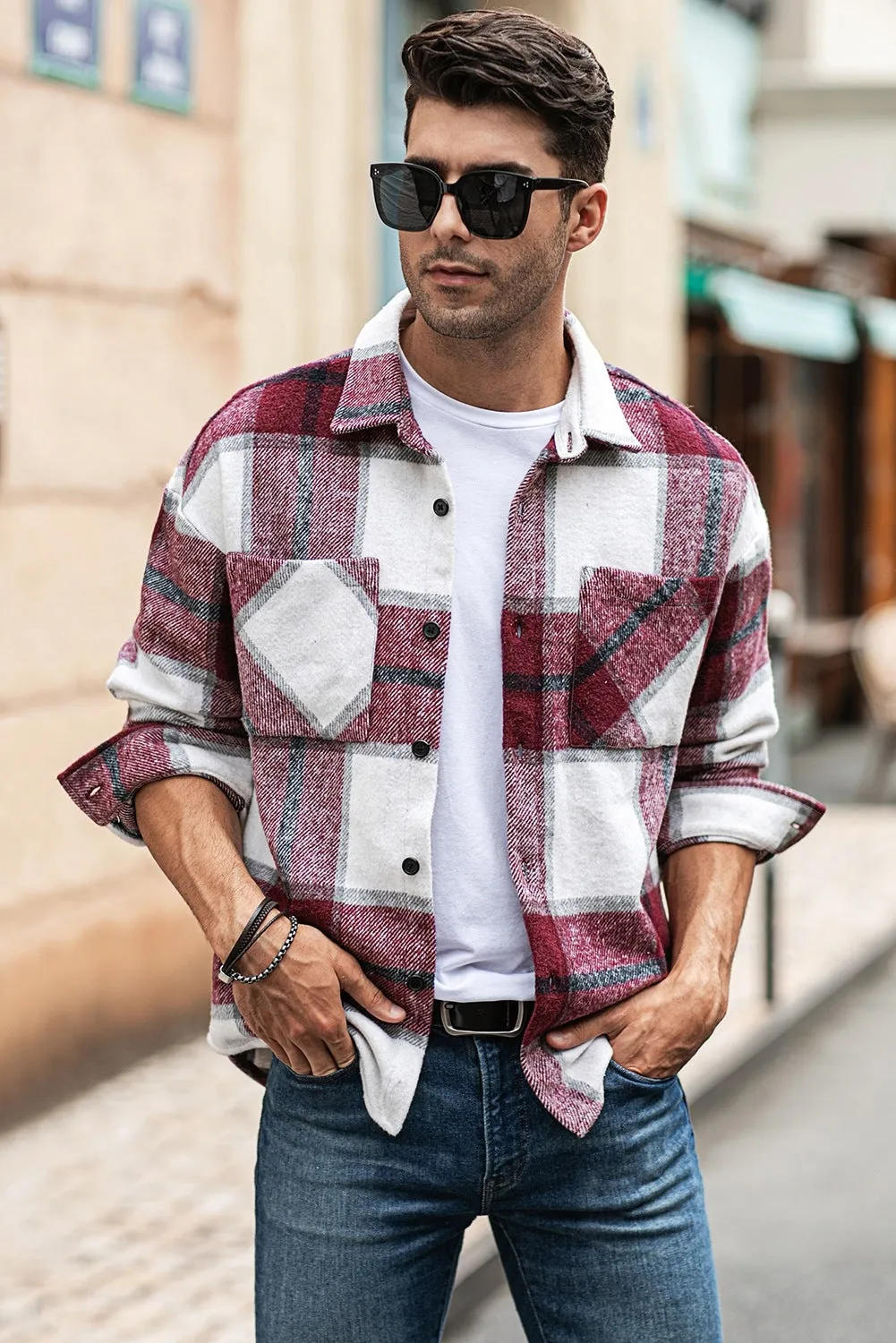 Men's Buffalo Plaid Print Long Sleeve Fleece Shirt
