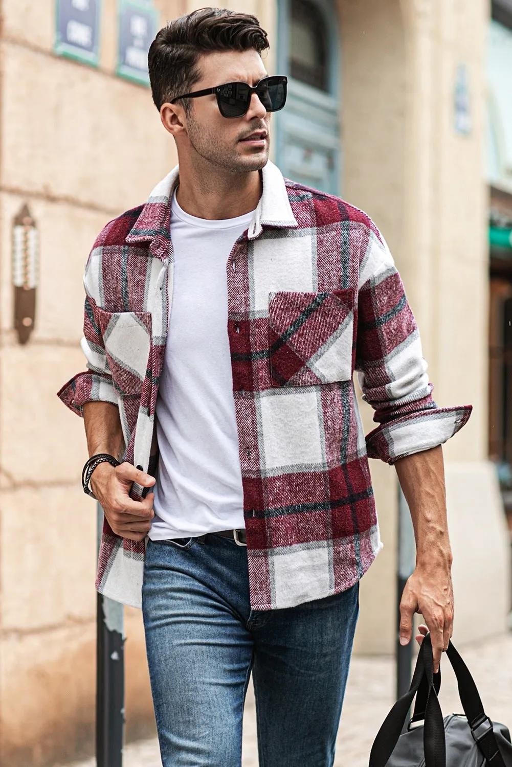 Men's Buffalo Plaid Print Long Sleeve Fleece Shirt