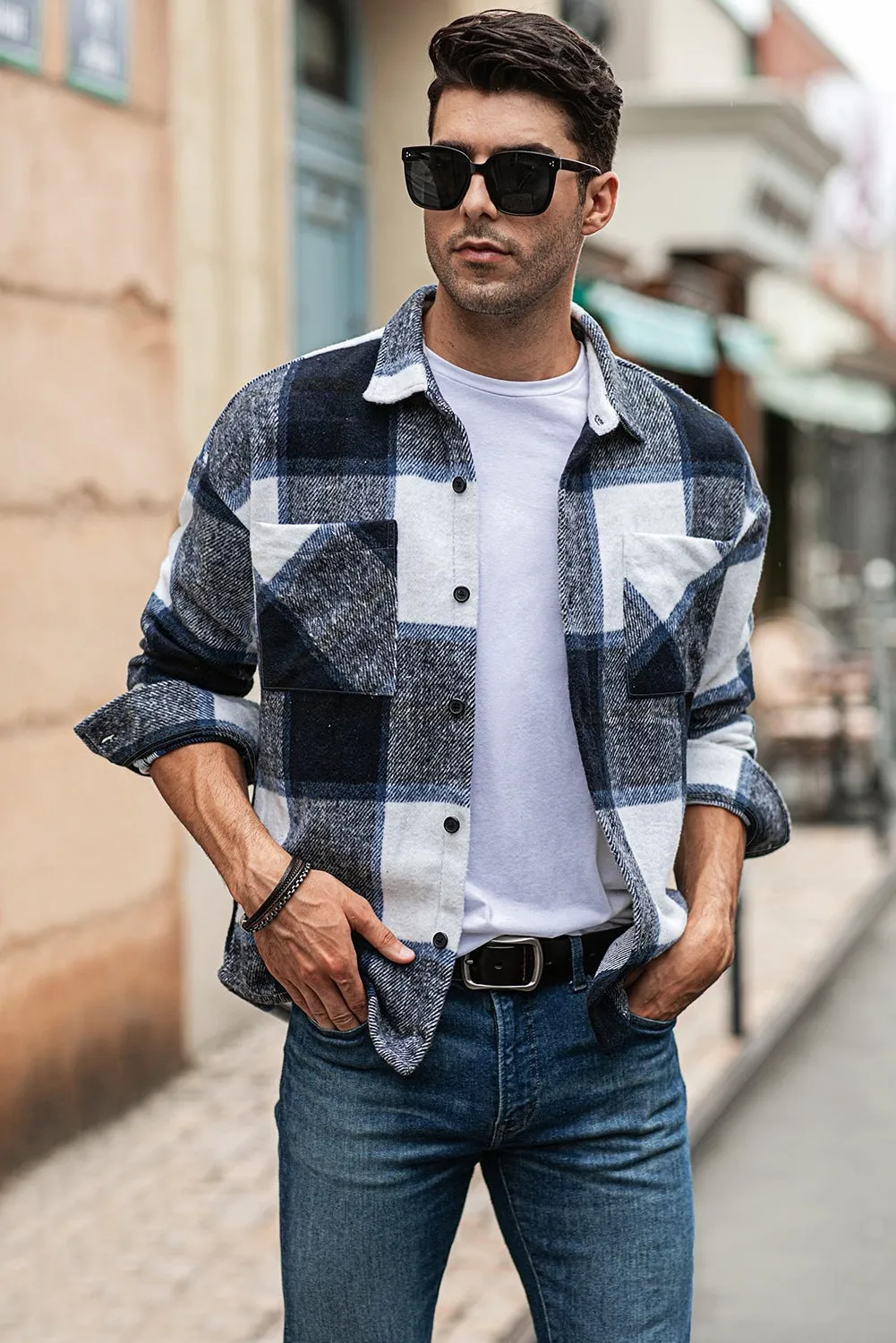 Men's Buffalo Plaid Print Long Sleeve Fleece Shirt