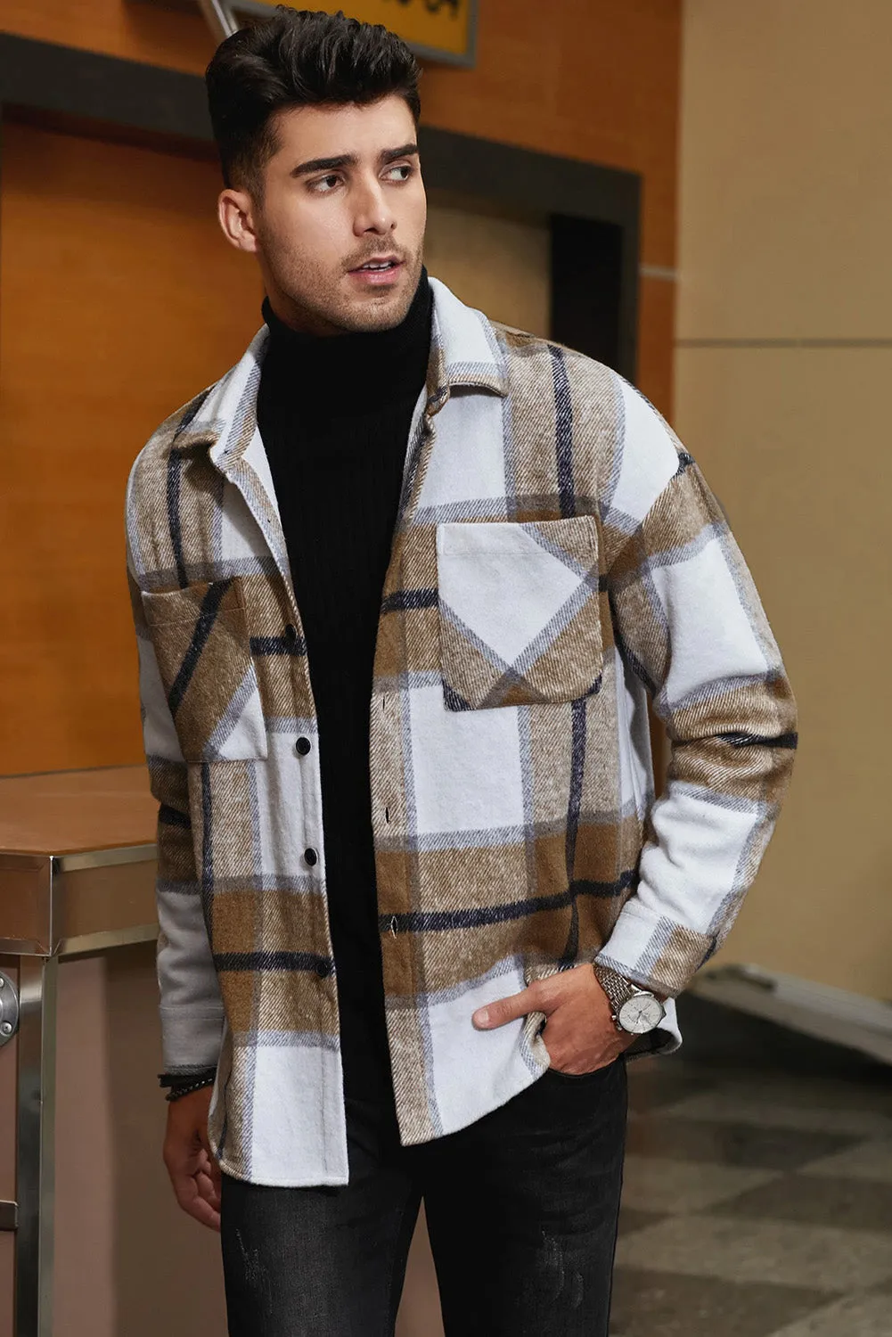 Men's Buffalo Plaid Print Long Sleeve Fleece Shirt