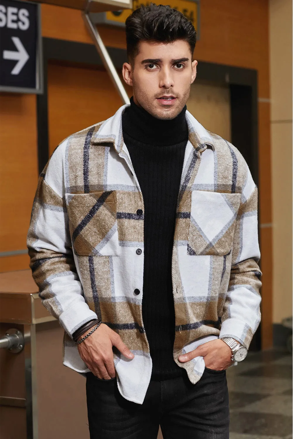 Men's Buffalo Plaid Print Long Sleeve Fleece Shirt