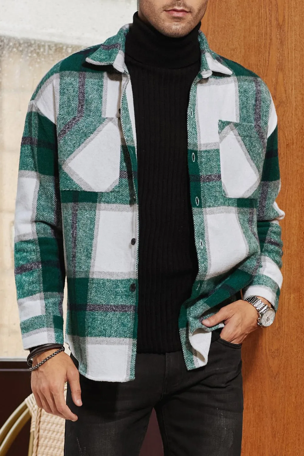 Men's Buffalo Plaid Print Long Sleeve Fleece Shirt