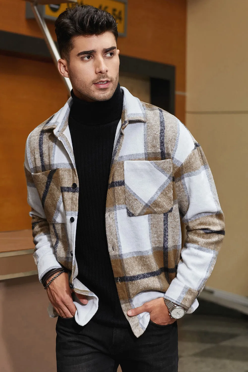 Men's Buffalo Plaid Print Long Sleeve Fleece Shirt