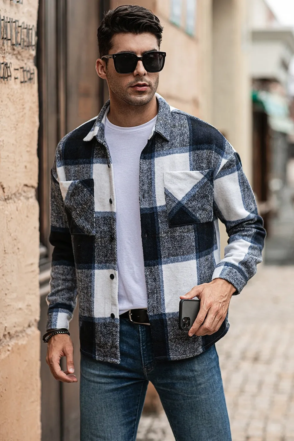 Men's Buffalo Plaid Print Long Sleeve Fleece Shirt