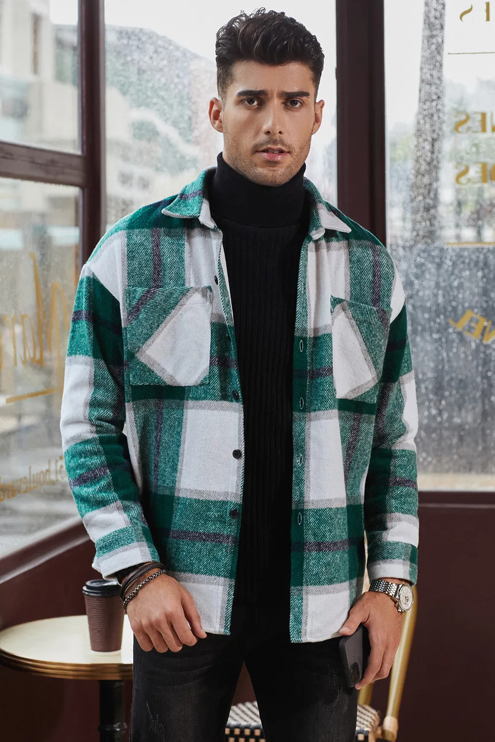 Men's Buffalo Plaid Print Long Sleeve Fleece Shirt