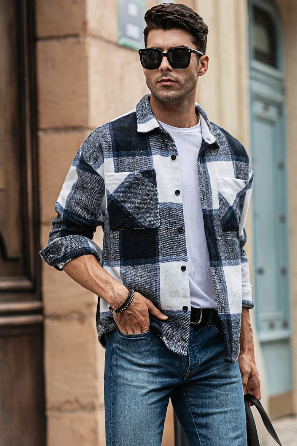 Men's Buffalo Plaid Print Long Sleeve Fleece Shirt