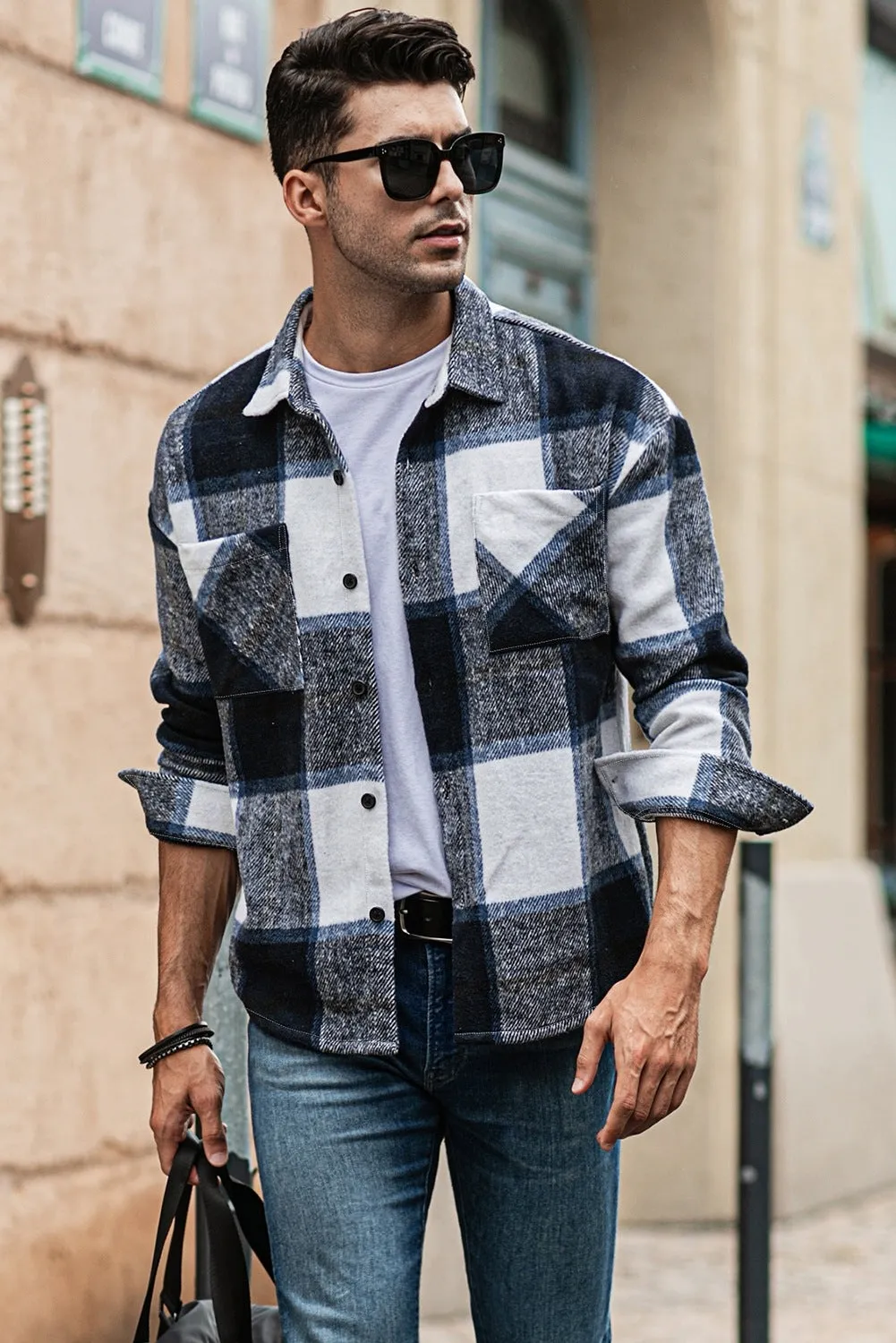 Men's Buffalo Plaid Print Long Sleeve Fleece Shirt