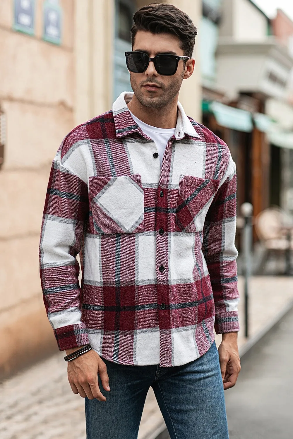 Men's Buffalo Plaid Print Long Sleeve Fleece Shirt