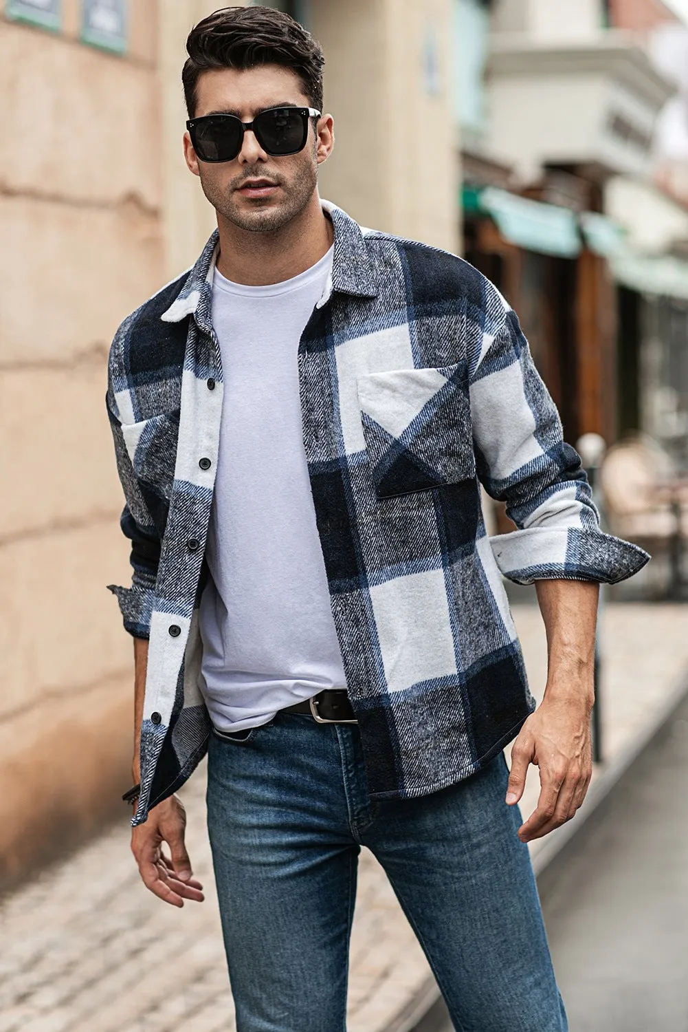 Men's Buffalo Plaid Print Long Sleeve Fleece Shirt