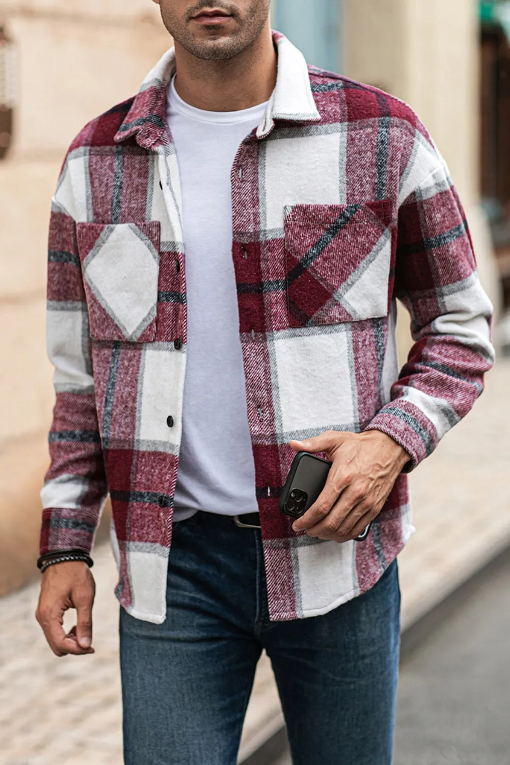 Men's Buffalo Plaid Print Long Sleeve Fleece Shirt