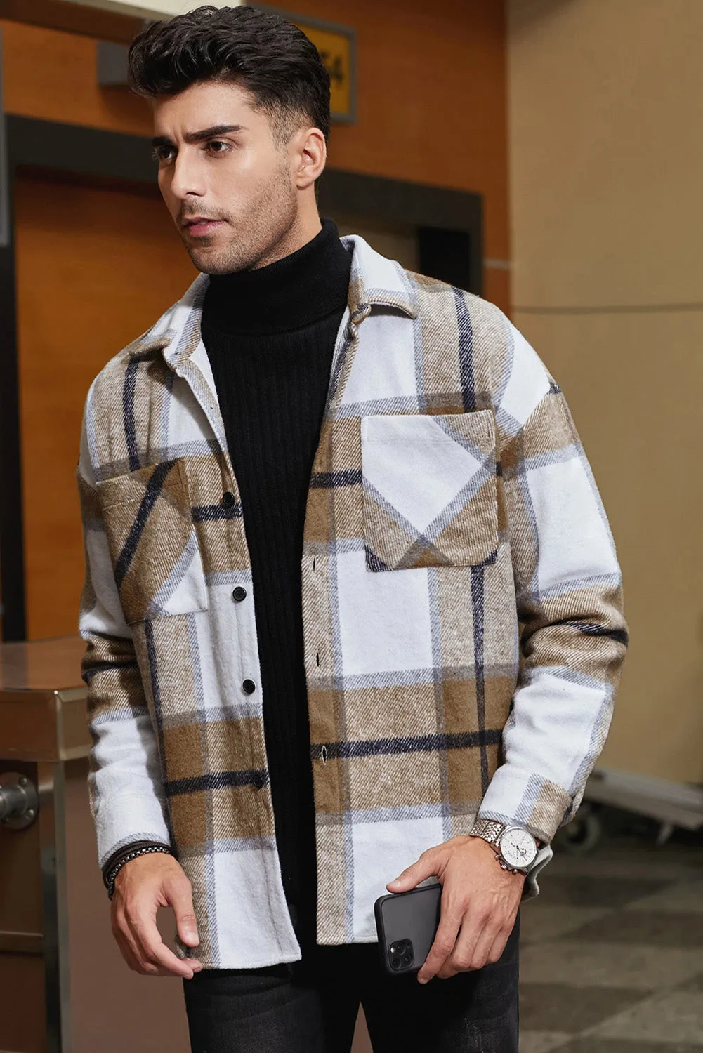 Men's Buffalo Plaid Print Long Sleeve Fleece Shirt