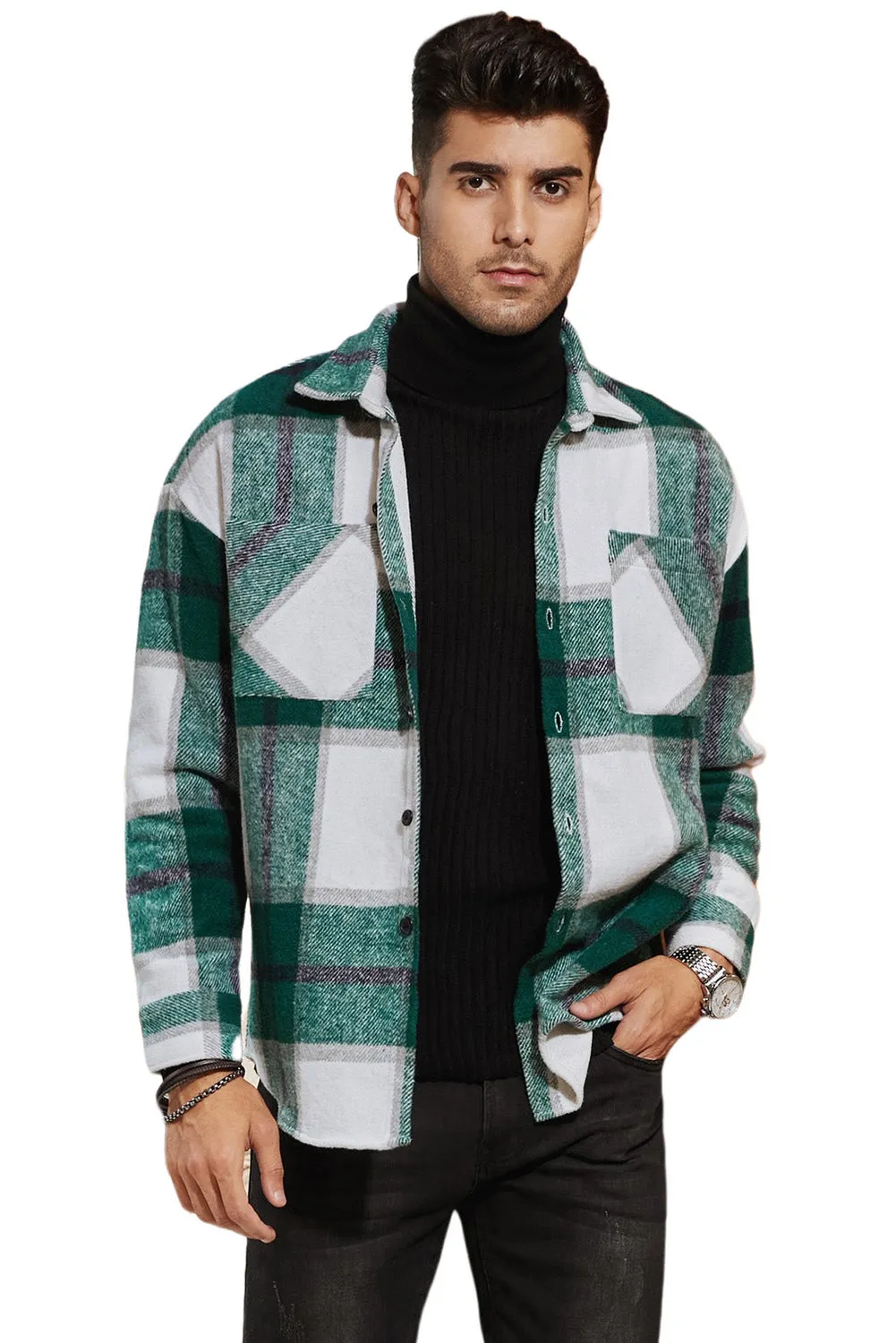 Men's Buffalo Plaid Print Long Sleeve Fleece Shirt