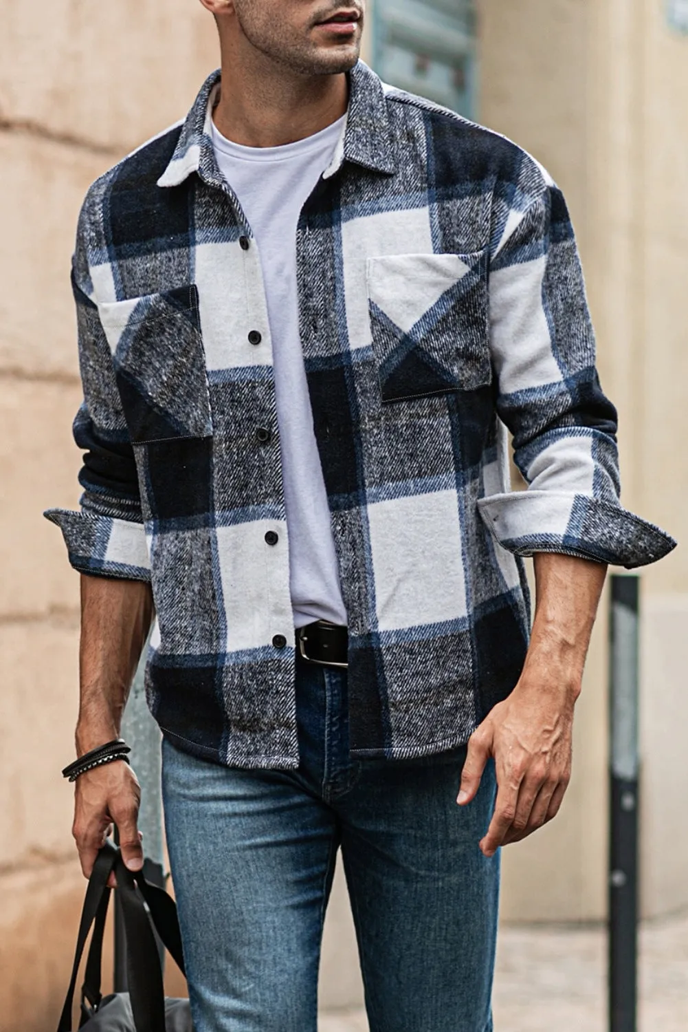 Men's Buffalo Plaid Print Long Sleeve Fleece Shirt