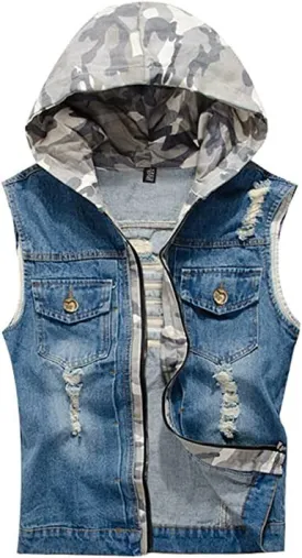 Men's Casual Ripped Hooded Denim Vest Camouflage Denim Sleeveless Vest Jacket