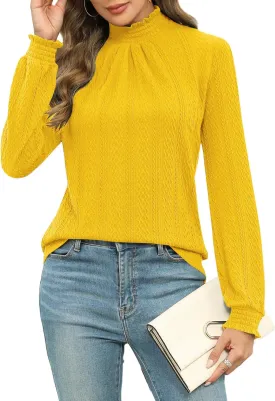 Micoson Womens Mock Neck Blouses Pleated Textured Shirts Long Sleeve Stretch Casual Tunic Tops Dressy Fashion Blouse