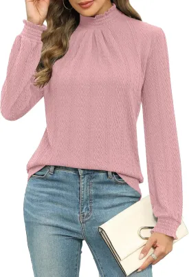 Micoson Womens Mock Neck Blouses Pleated Textured Shirts Long Sleeve Stretch Casual Tunic Tops Dressy Fashion Blouse