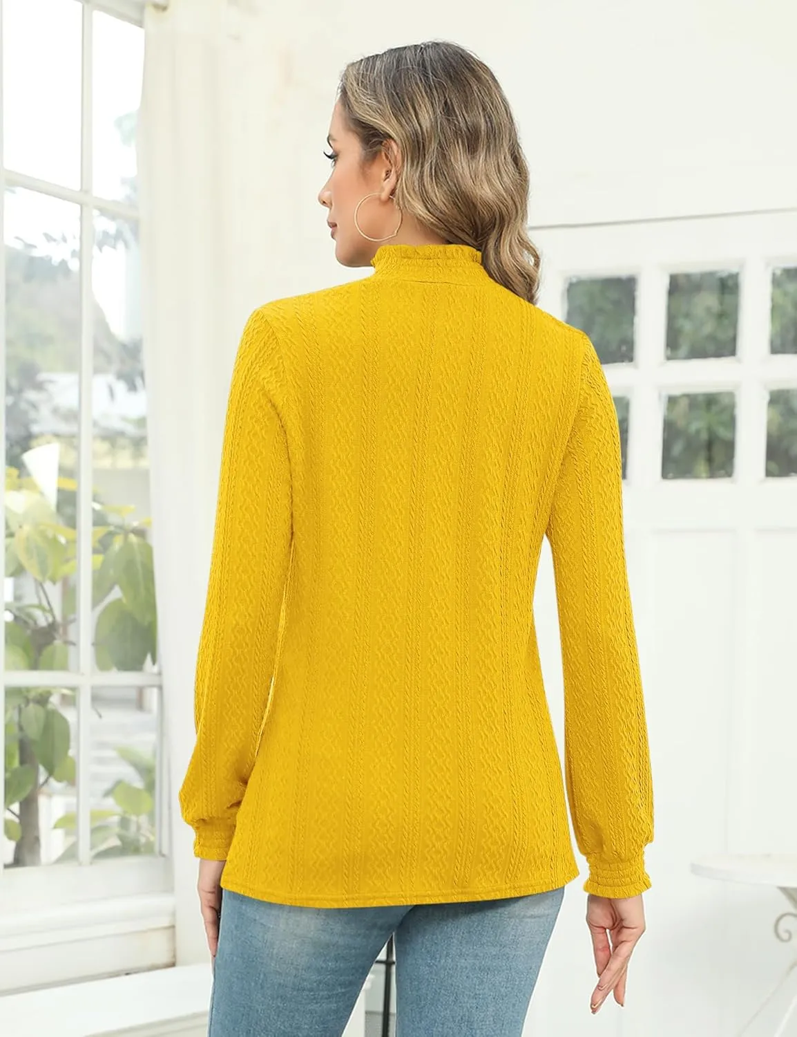 Micoson Womens Mock Neck Blouses Pleated Textured Shirts Long Sleeve Stretch Casual Tunic Tops Dressy Fashion Blouse