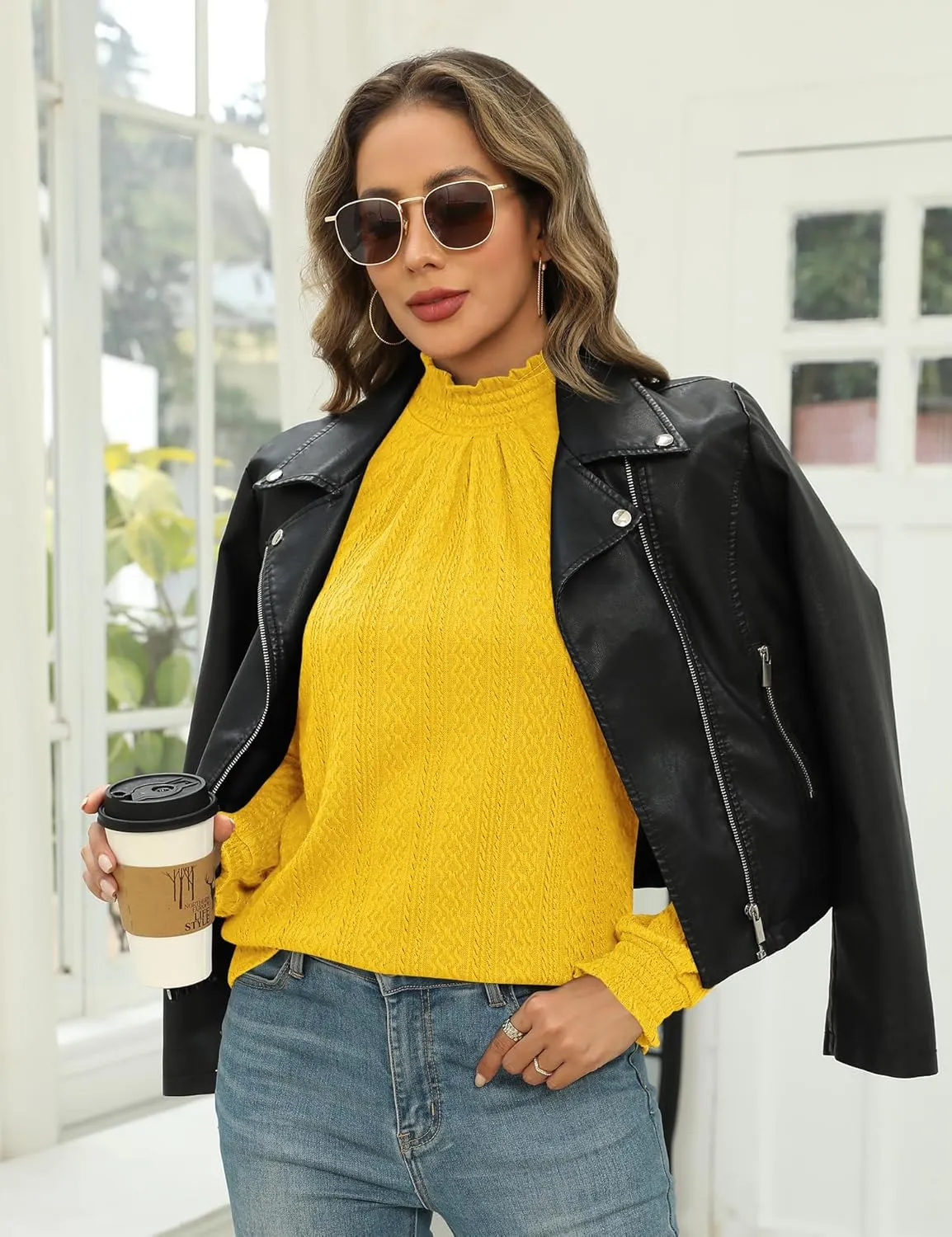 Micoson Womens Mock Neck Blouses Pleated Textured Shirts Long Sleeve Stretch Casual Tunic Tops Dressy Fashion Blouse