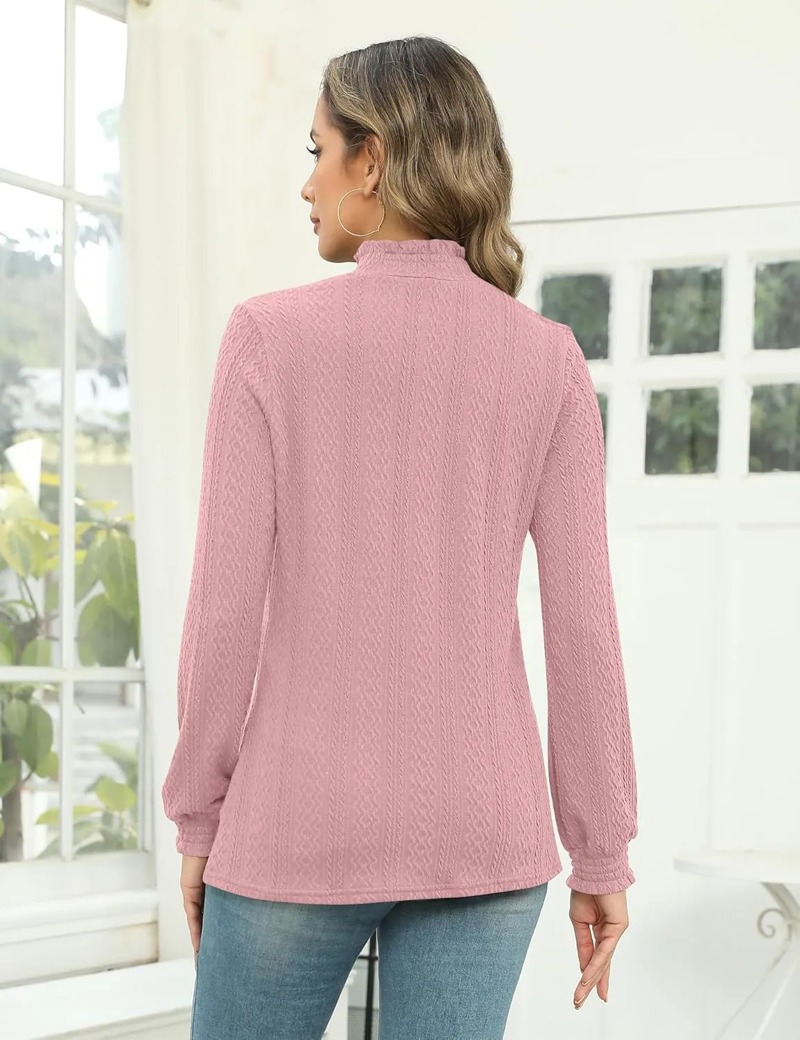 Micoson Womens Mock Neck Blouses Pleated Textured Shirts Long Sleeve Stretch Casual Tunic Tops Dressy Fashion Blouse