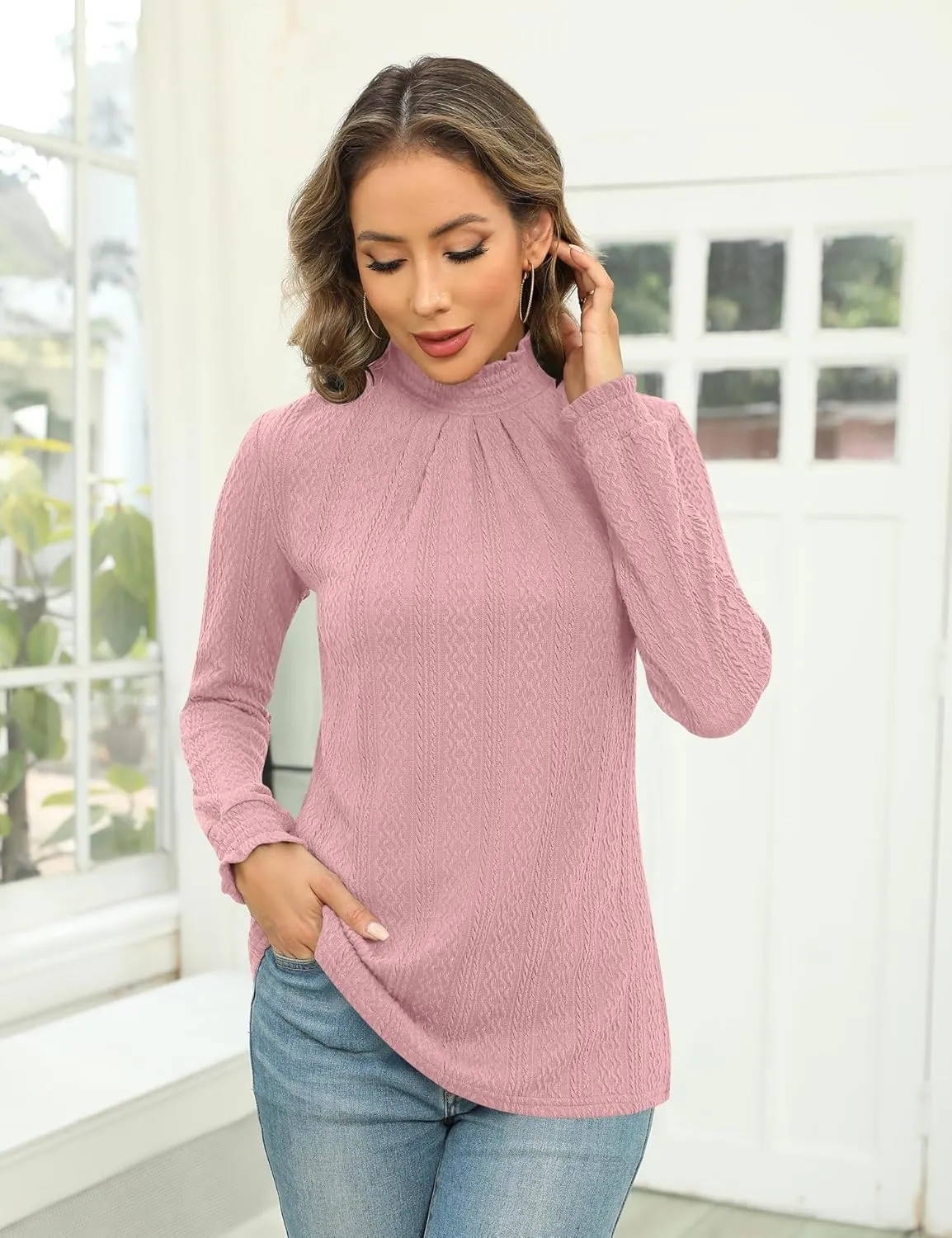 Micoson Womens Mock Neck Blouses Pleated Textured Shirts Long Sleeve Stretch Casual Tunic Tops Dressy Fashion Blouse