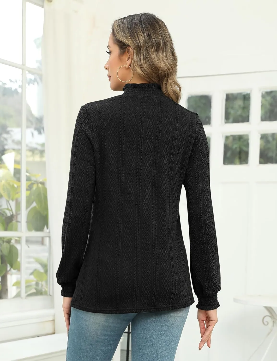 Micoson Womens Mock Neck Blouses Pleated Textured Shirts Long Sleeve Stretch Casual Tunic Tops Dressy Fashion Blouse